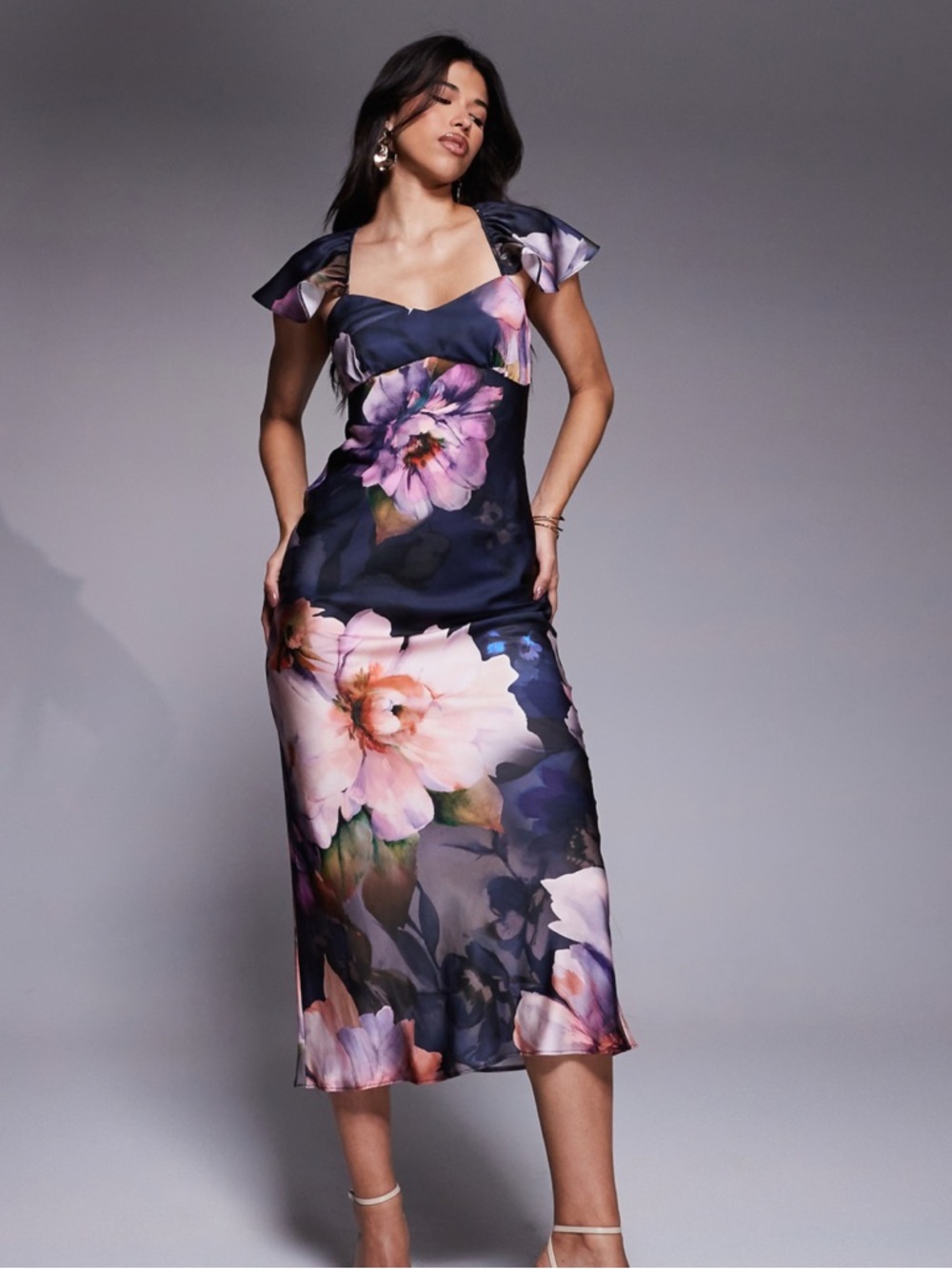 ASOS DESIGN flutter sleeve satin midi dress in purple occasion floral print